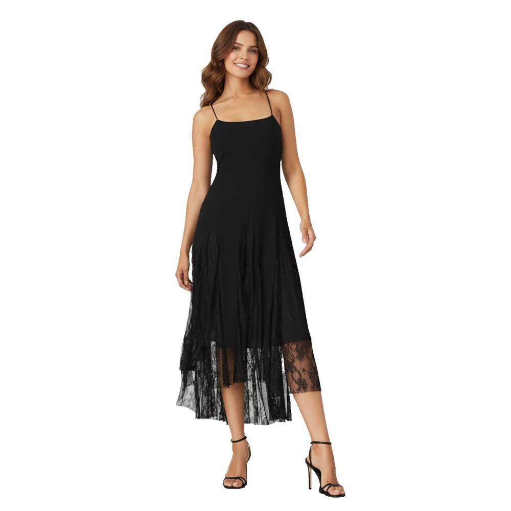 Steve Madden Womens Vita Midi Dress Size L Black Lace Godet Sleeveless Fit Flare